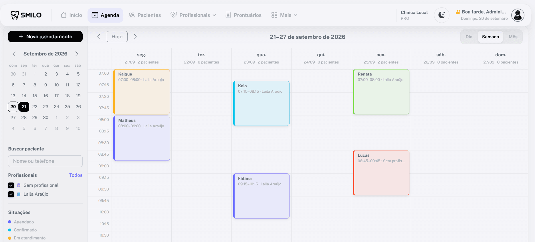 Visão semanal da agenda da clínica no Smilo CRM