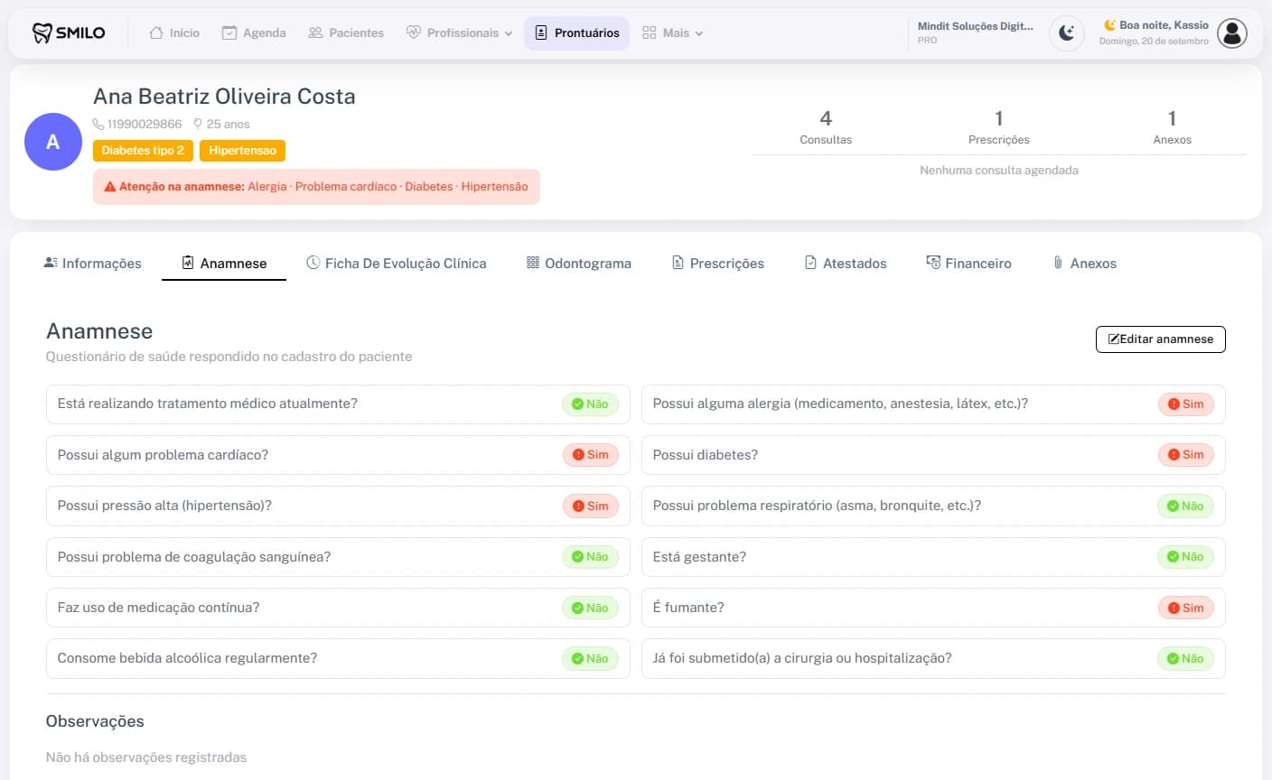 Ficha de anamnese no prontuário clínico do Smilo CRM