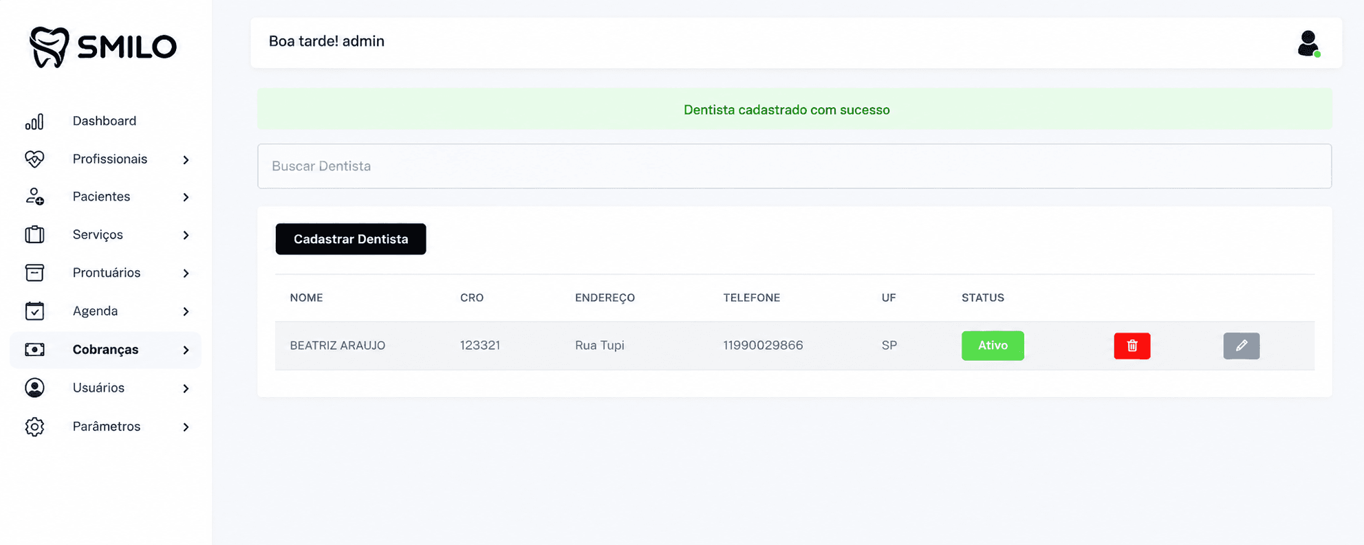 Lista de dentistas cadastrados no Smilo CRM