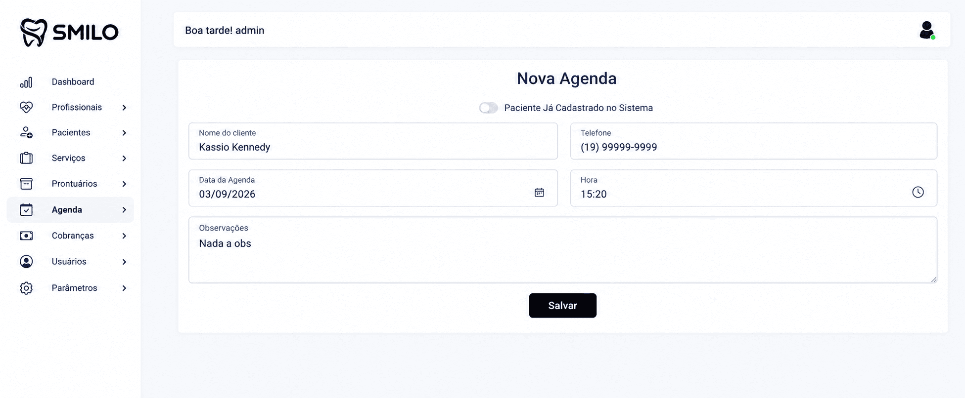 Cadastro de um novo compromisso na agenda do Smilo CRM