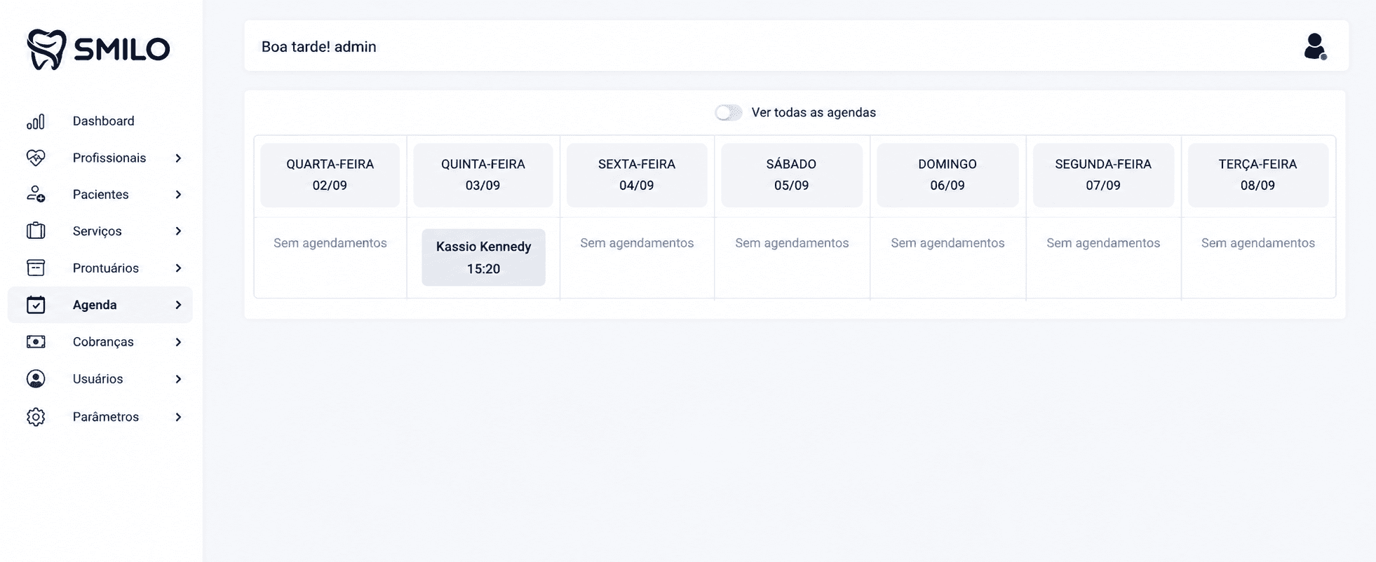 Visão semanal da agenda de atendimentos do Smilo CRM