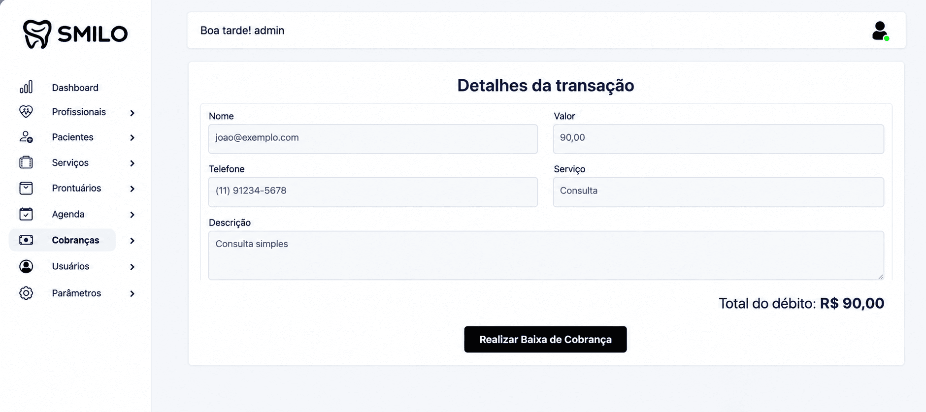 Detalhes e baixa de uma cobrança no Smilo CRM