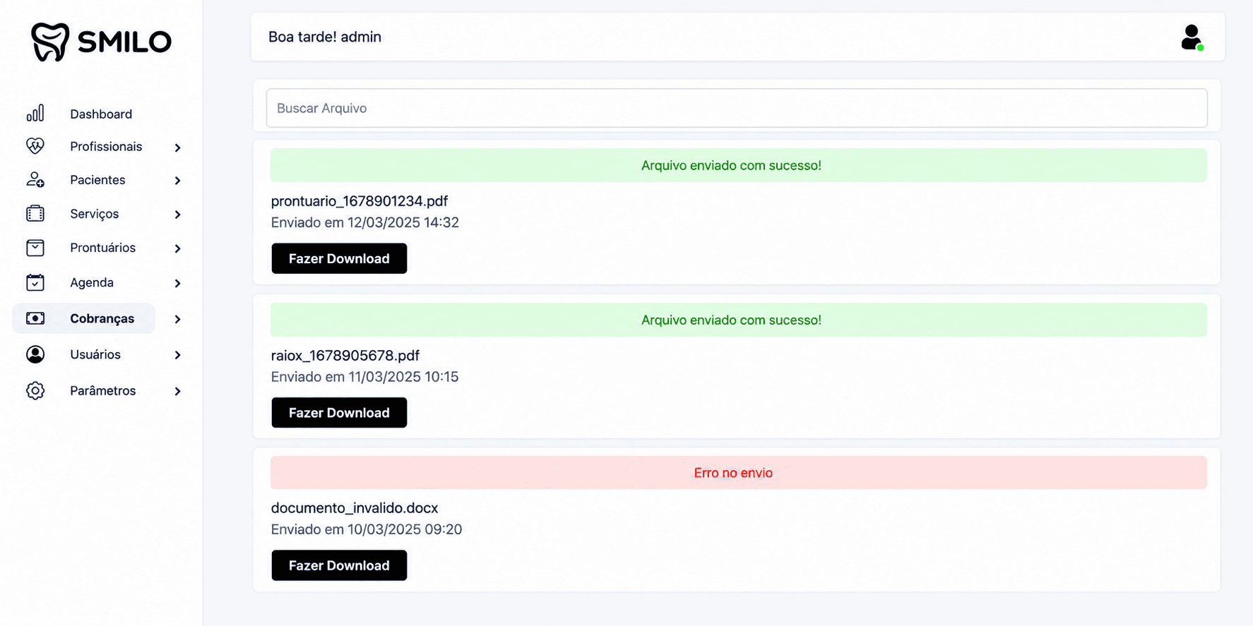 Relação de cobranças do sistema Smilo CRM