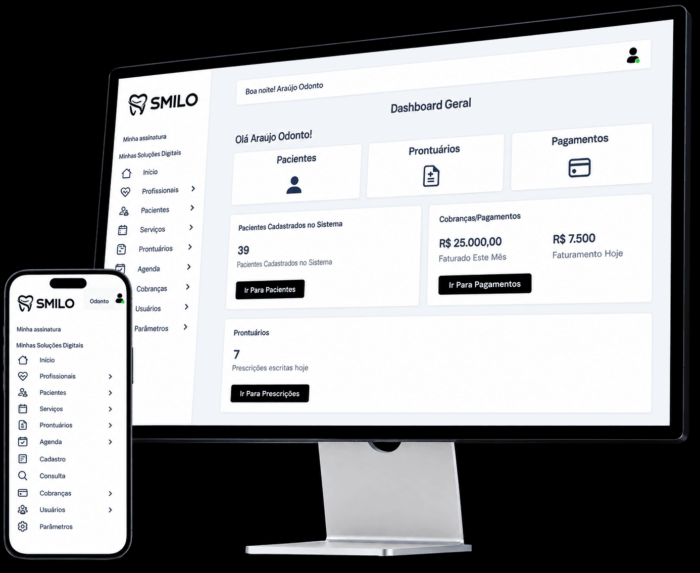 Dashboard do Smilo CRM mostrando indicadores de pacientes, prontuários e pagamentos