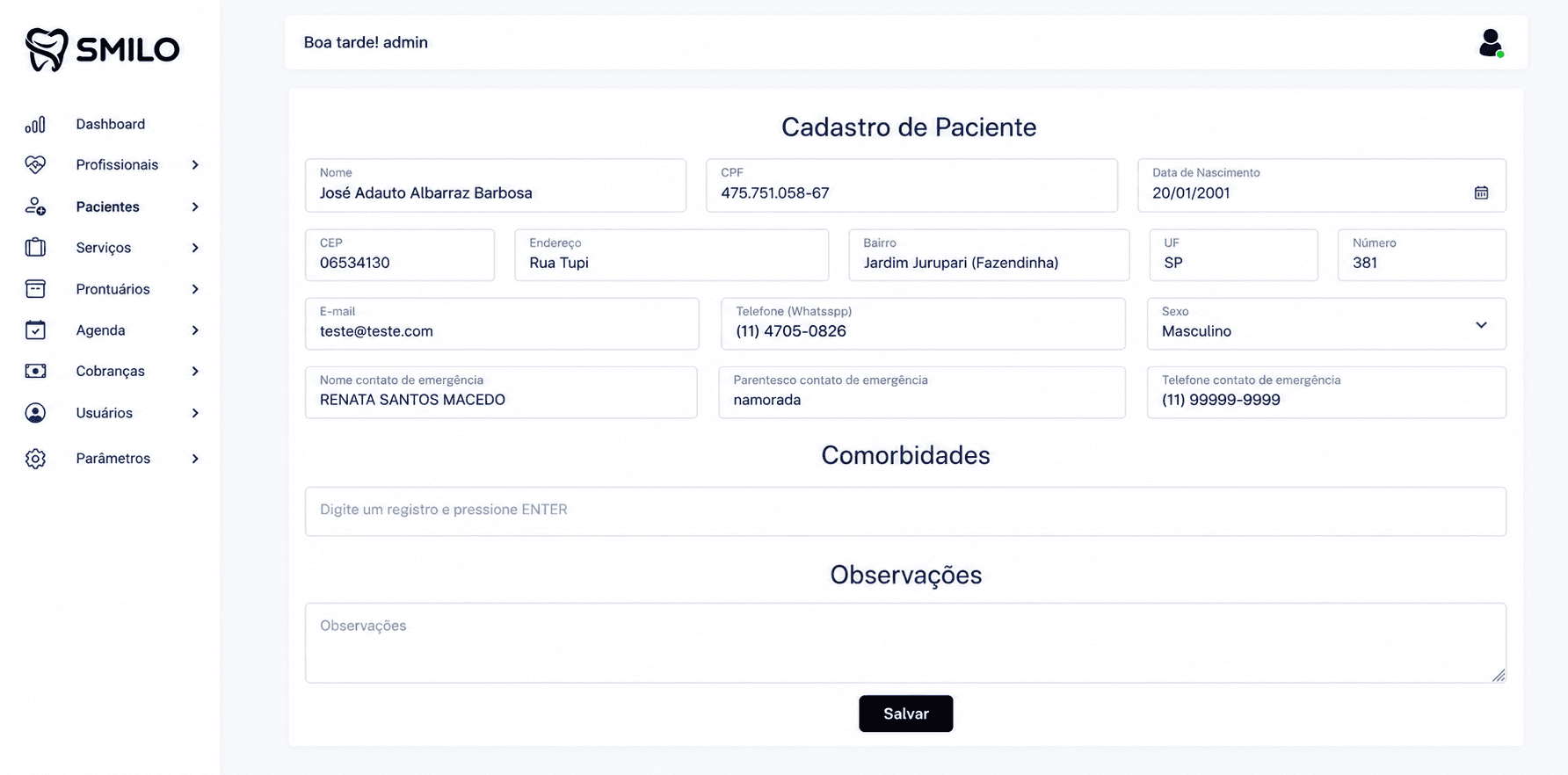 Formulário de cadastro de paciente no Smilo CRM