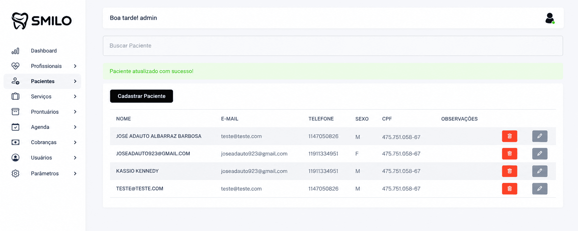 Lista de pacientes cadastrados no Smilo CRM