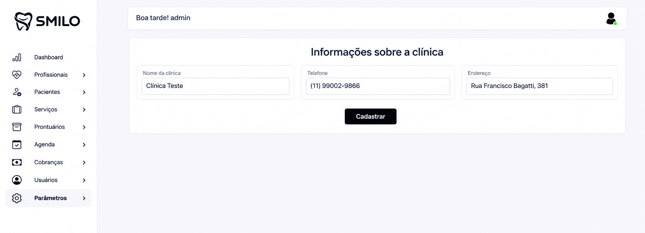 Informações institucionais da clínica no Smilo CRM