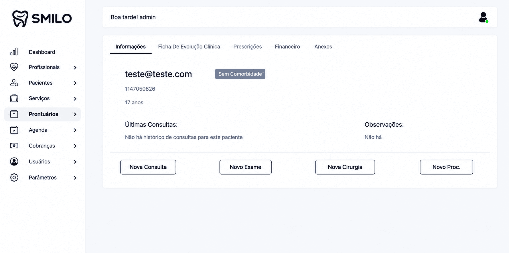 Visão geral do prontuário clínico do paciente no Smilo CRM