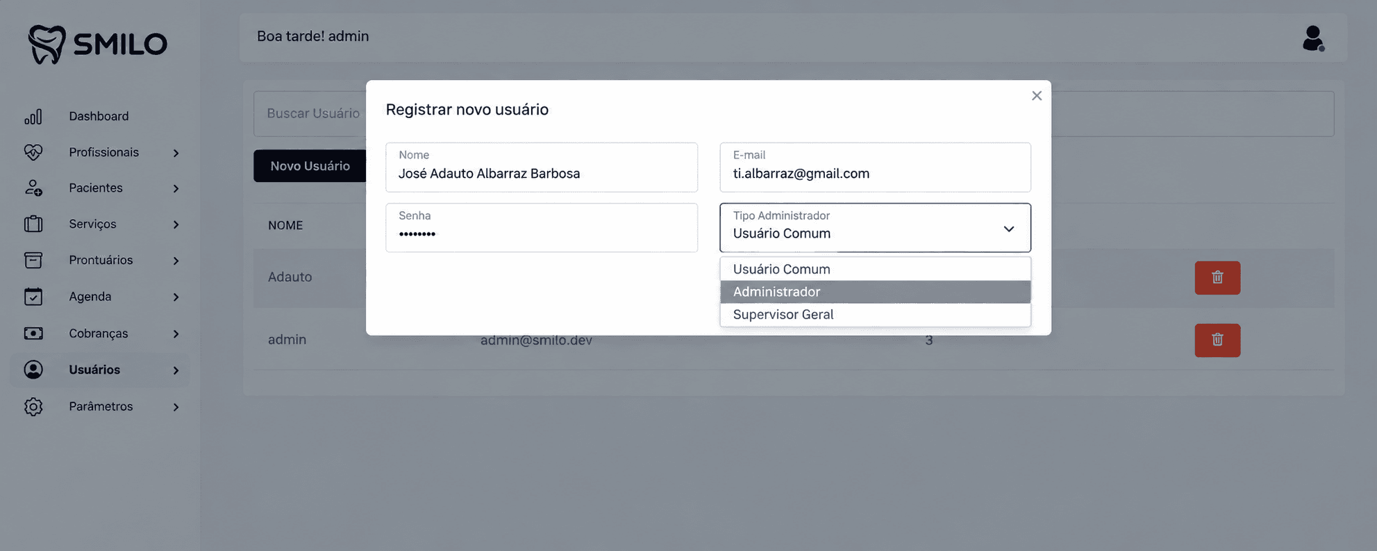 Cadastro de um novo usuário no Smilo CRM